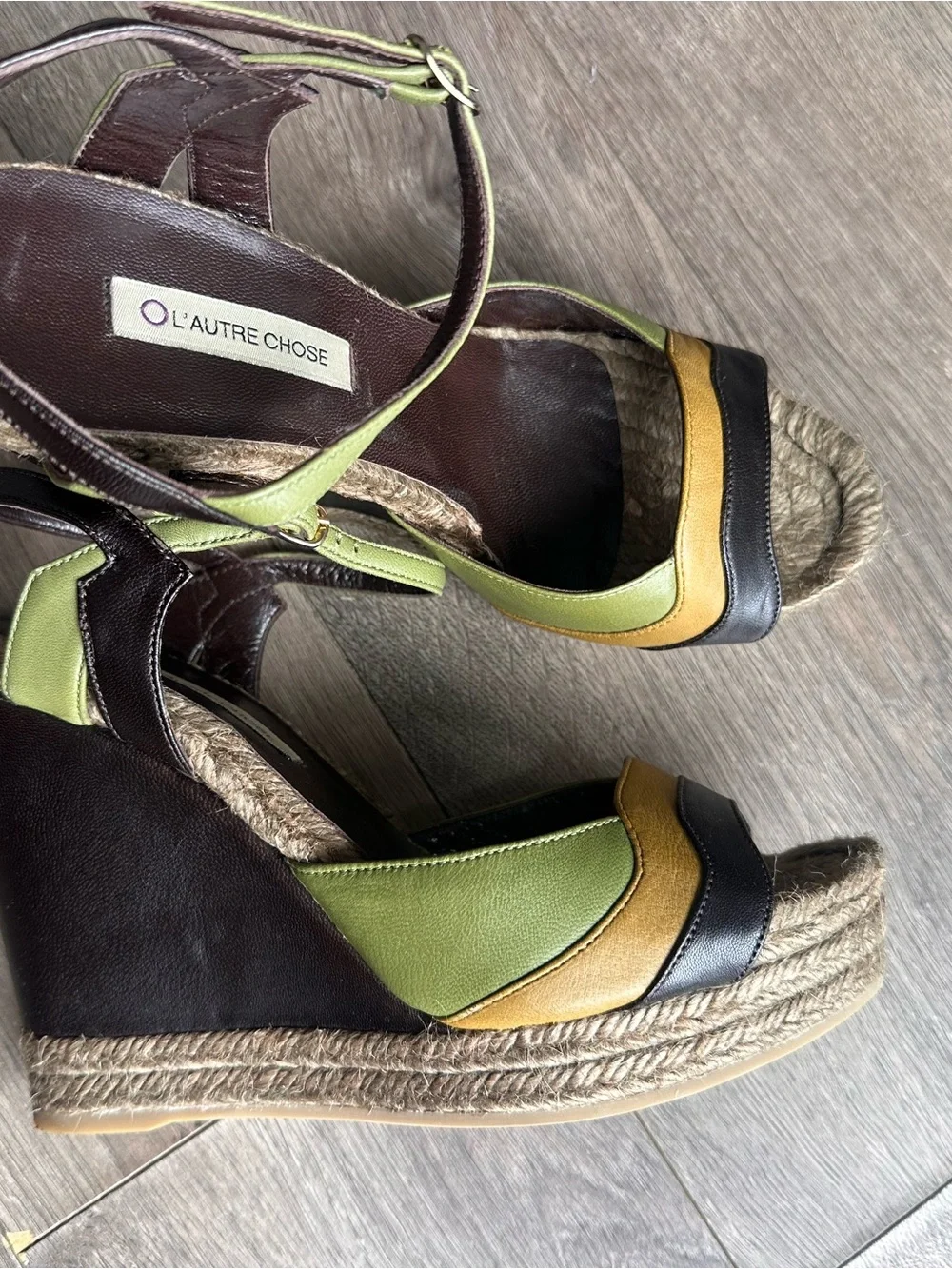 L'Autre Chose Green Multi-Color Leather Wedge Sandals
